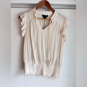 Rachel Cream Ruffled Smocked Blouse with Mandarin Collar